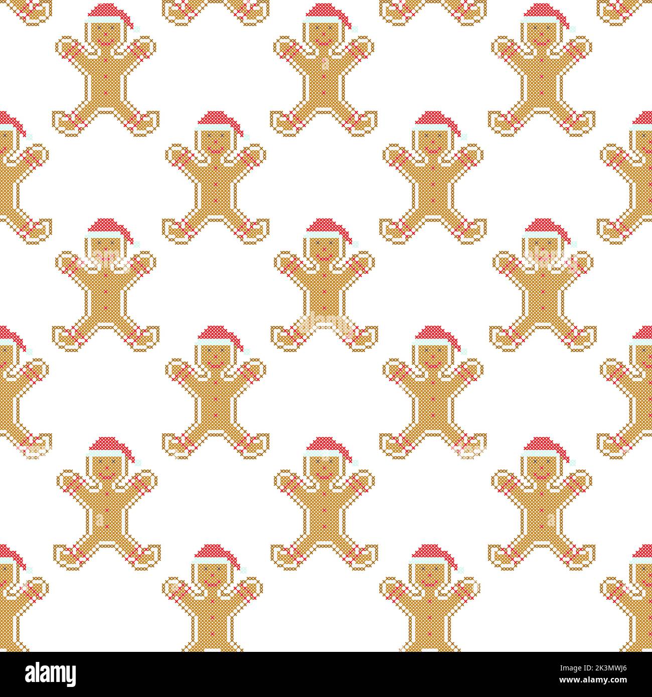 Merry Christmas vector seamless pattern. Christmas cookies gingerbread man cross stitch embroidery. Stock Vector