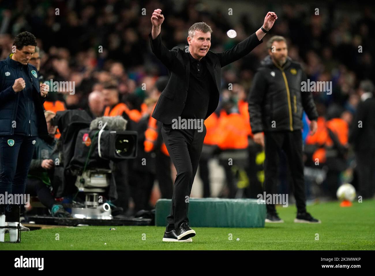 Republic of Ireland head coach Stephen Kenny celebrates his side's third goal of the game, scored by Robbie Brady (not pictured) during the UEFA Nations League match at the Aviva Stadium in Dublin, Ireland. Picture date: Tuesday September 27, 2022. Stock Photo