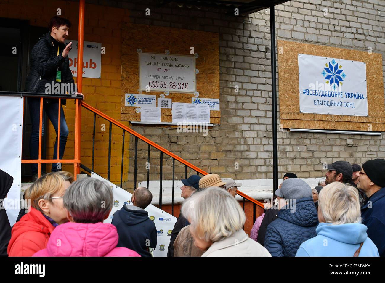 People seen in long queues as they wait to receive food at a humanitarian aid distribution point in Kramatorsk. Across Ukraine, nearly 580 humanitarian partners have provided life-critical aid and protection services to 13.4 million people. Ukrainian President Volodymyr Zelenskyy said the Donetsk region in the east remained his country’s - and Russia’s - top strategic priority, with fighting engulfing several towns as Russian troops try to advance to the south and west. Stock Photo