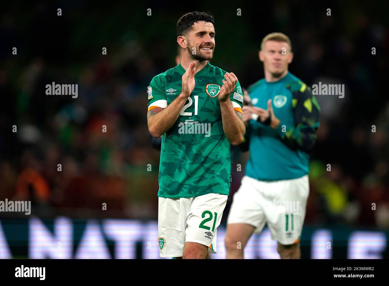 Republic of Ireland's Robbie Brady applauds the fans after the final whistle in the UEFA Nations League match at the Aviva Stadium in Dublin, Ireland. Picture date: Tuesday September 27, 2022. Stock Photo