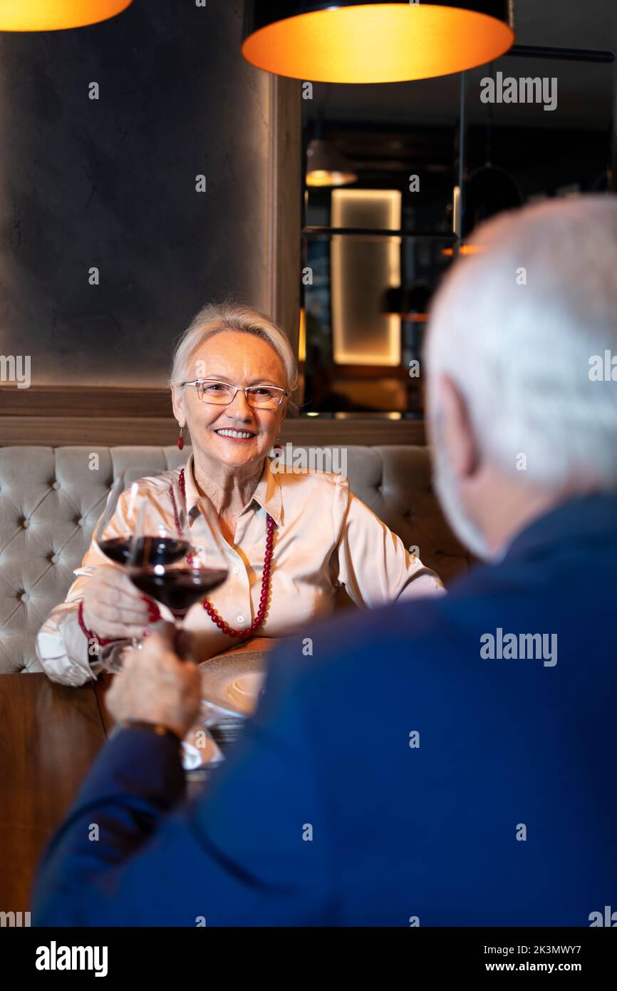 Portraits of an elderly couple enjoying some drinks before the Christmas dinner Stock Photo