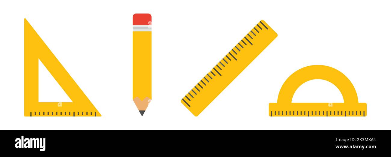 Education math tools set. Pencil, ruler, triangle ruler and protractor icon. Vector isolated on white. Stock Vector