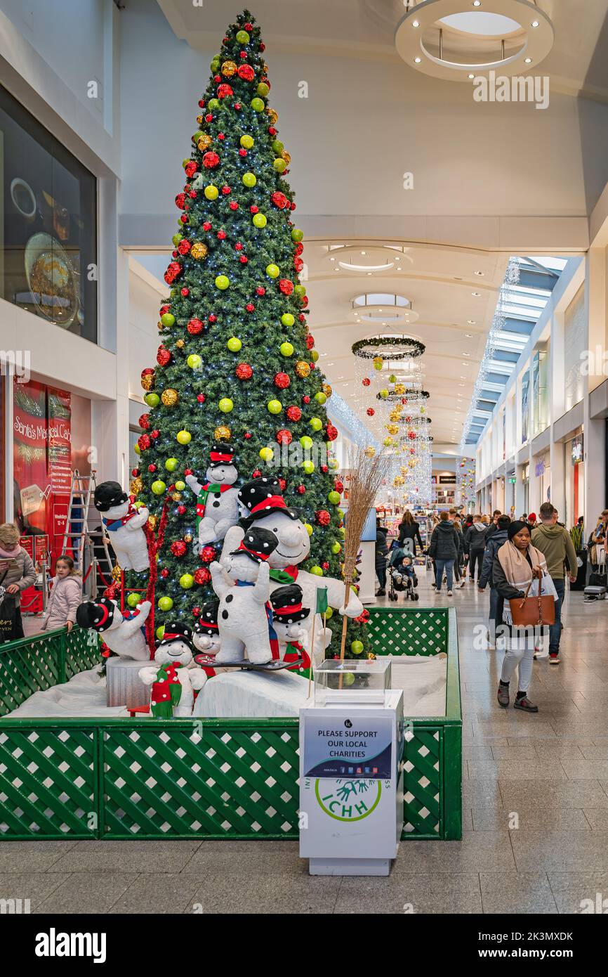 Dublin, November 2019 Christmas tree, snowman and decorations in Ilac