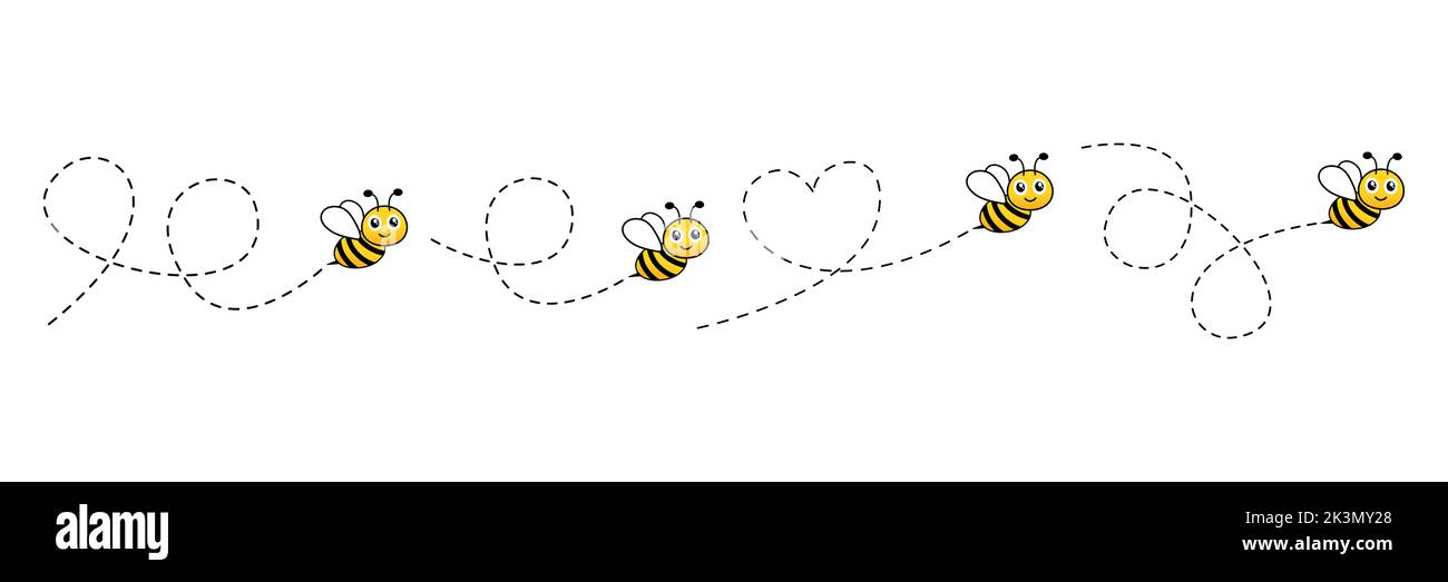 Cartoon bee characters set. Bee flying on a dotted route. Vector illustration isolated on the white background. Stock Vector