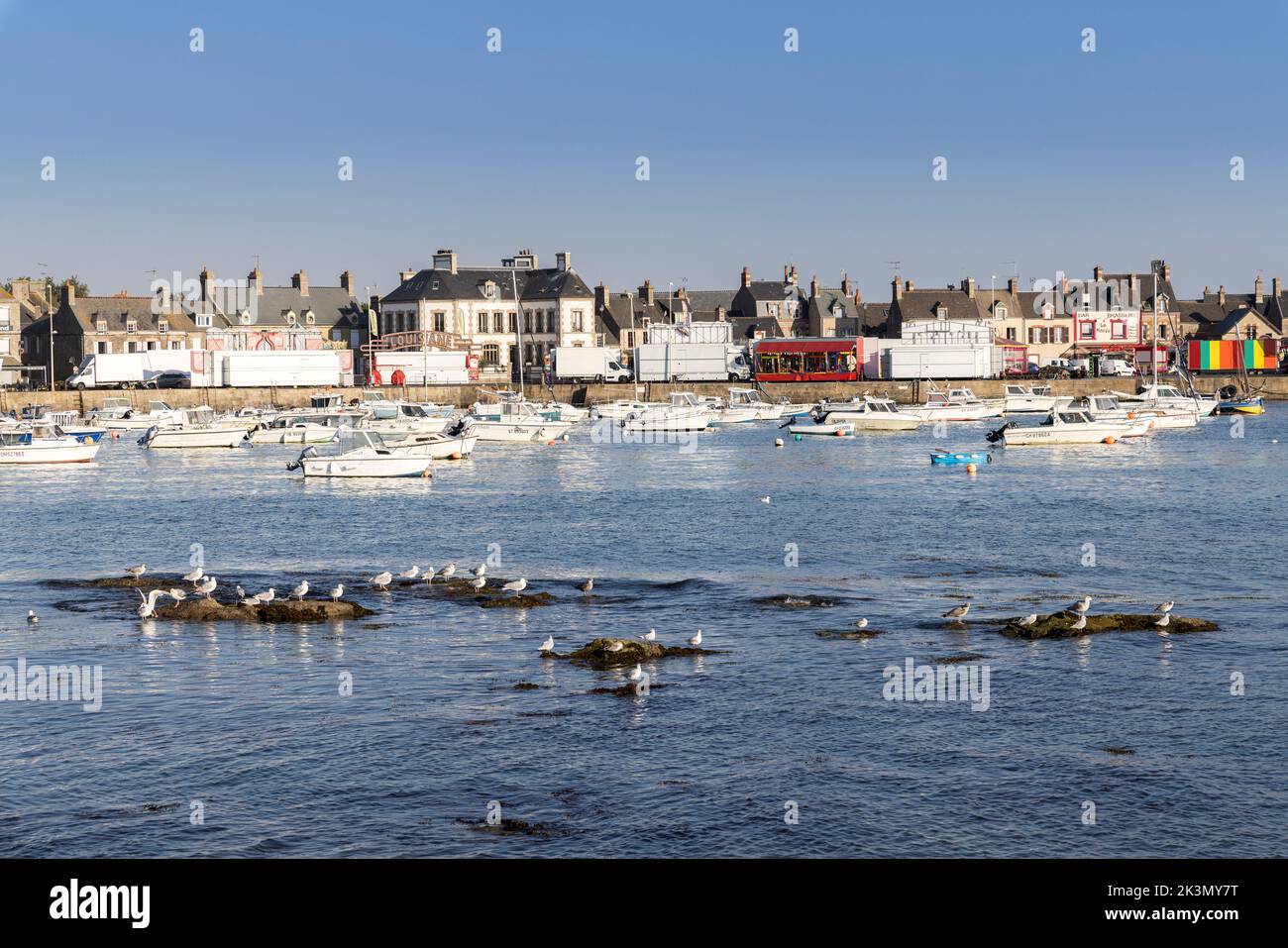 Seagulls, boats and houses at Barfleur, Manche, Normandy, France Stock Photo