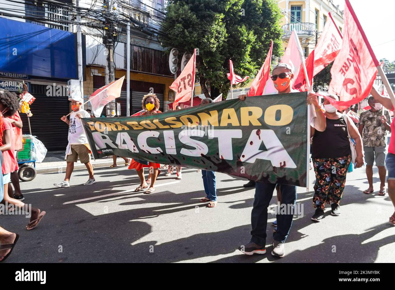 Salvador, Bahia, Brazil - November 20, 2021: Brazilians protest with banners and posters with words against the government of President Jair Bolsonaro Stock Photo