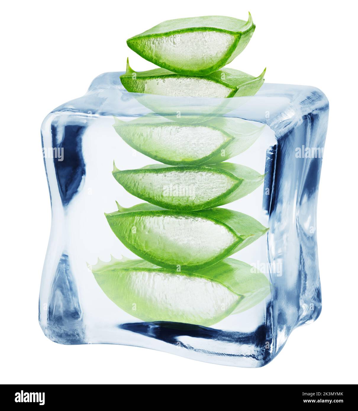 aloe vera in ice cube, isolated on white background, clipping path, full depth of field Stock Photo