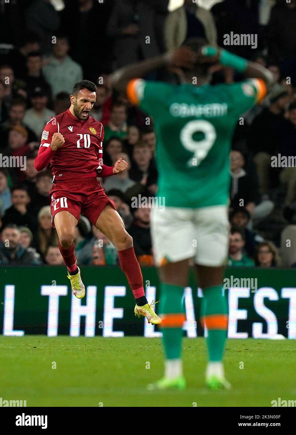 Armenia's Artak Dashyan (left) scores their side's first goal of the game as Republic of Ireland's Michael Obafemi appears dejected during the UEFA Nations League match at the Aviva Stadium in Dublin, Ireland. Picture date: Tuesday September 27, 2022. Stock Photo