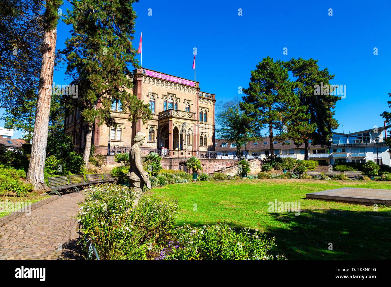 Exterior of Colombischlössle Archeological Museum housed in the mid 19th century Gothic Tudor style Colombi castle manor, Freiburg im Breisgau, German Stock Photo