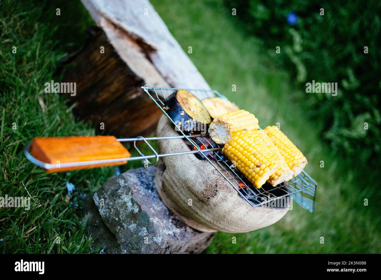 A close-up of cooking homemade barbecue with eggplant and corn cobs in park Stock Photo