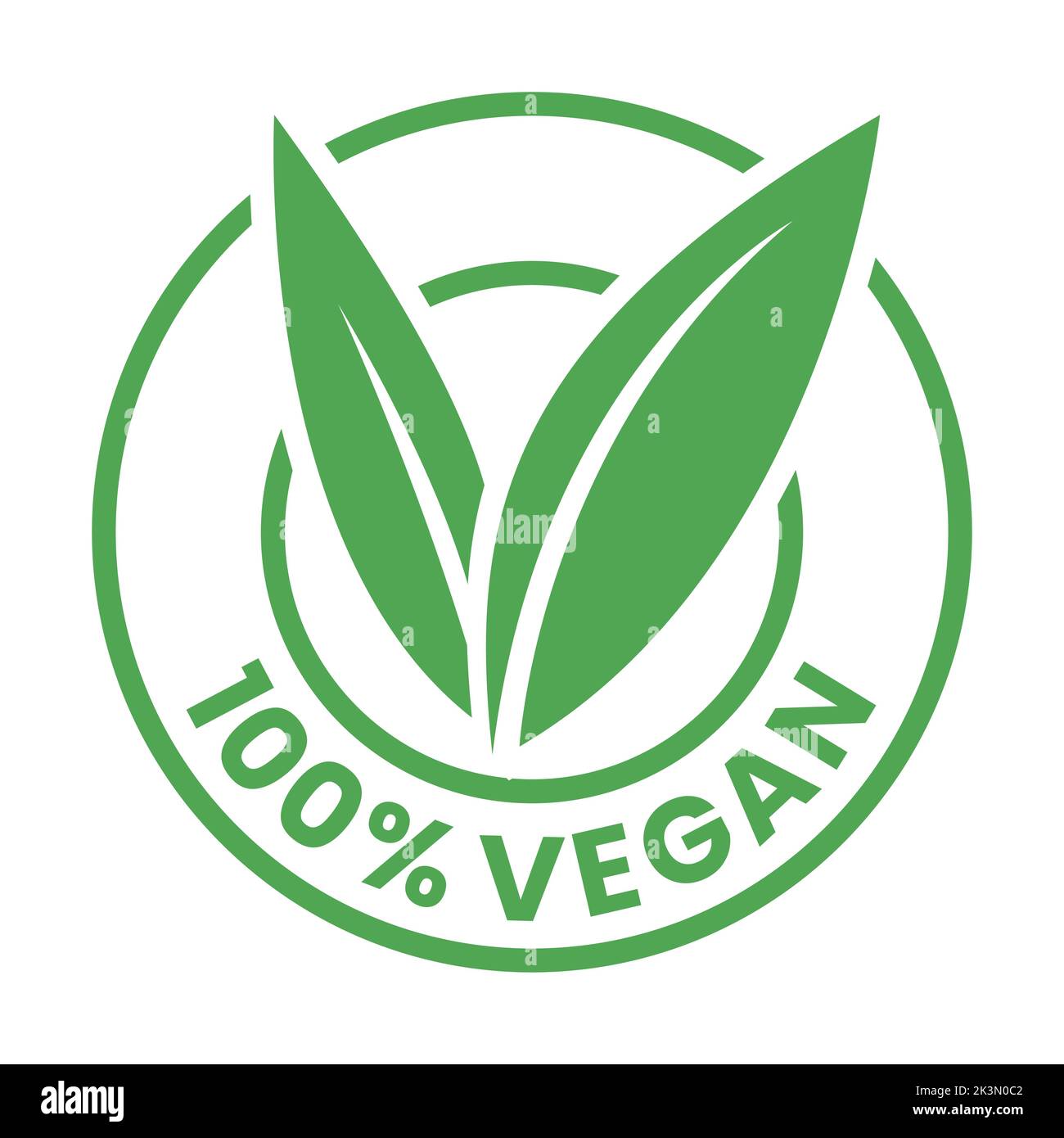 %100 Vegan Round Icon with Green Leaves isolated on a White Background ...