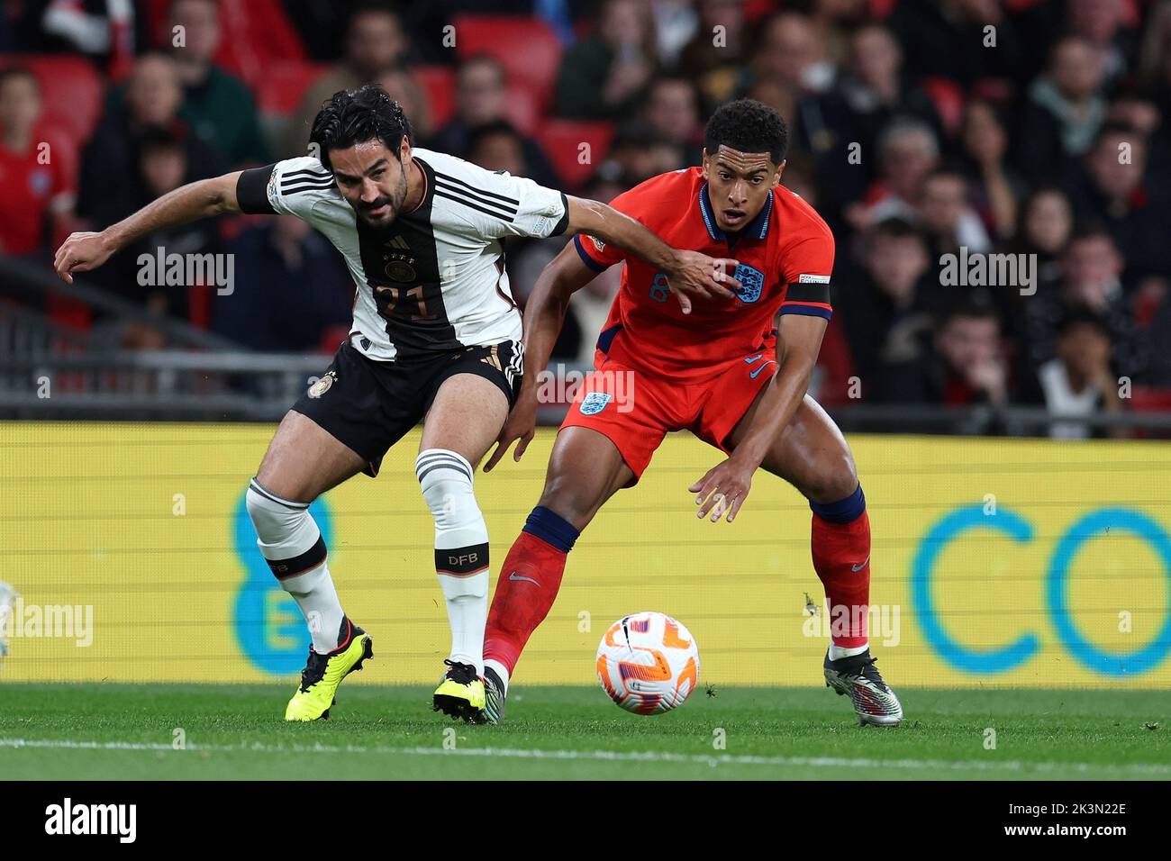 London, UK. 26th Sep, 2022. Jude Bellingham of England (r) & Ilkay Gundogan of Germany (l) in action. England v Germany, UEFA Nations league International group C match at Wembley Stadium in London on Monday 26th September 2022. Editorial use only. pic by Andrew Orchard/Andrew Orchard sports photography/Alamy Live News Credit: Andrew Orchard sports photography/Alamy Live News Stock Photo