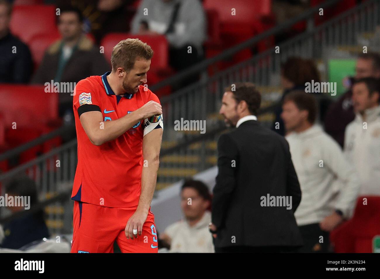 London, UK. 26th Sep, 2022. Harry Kane of England & Gareth Southgate, the manager of England look on. England v Germany, UEFA Nations league International group C match at Wembley Stadium in London on Monday 26th September 2022. Editorial use only. pic by Andrew Orchard/Andrew Orchard sports photography/Alamy Live News Credit: Andrew Orchard sports photography/Alamy Live News Stock Photo