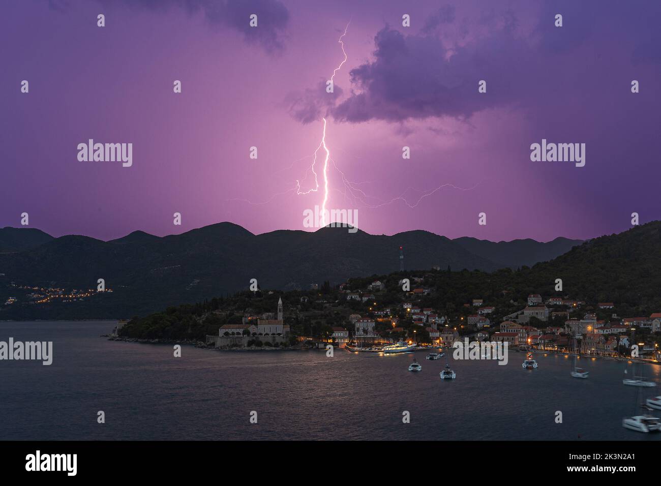 Lightning during thunderstorm at night on Lopud island, Croatia Stock Photo