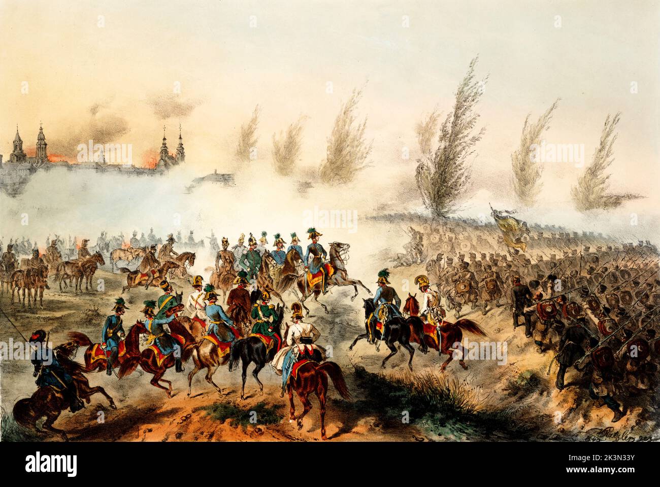 The Battle of Győr on 28 June 1849. Franz Joseph enters Győr leading the Austrian troops. By Vinzenz Katzler  The Battle of Győr took place during the Summer Campaign of the Hungarian War of Independence. It was fought 28 June 1849 in the Hungarian city of Győr. Stock Photo
