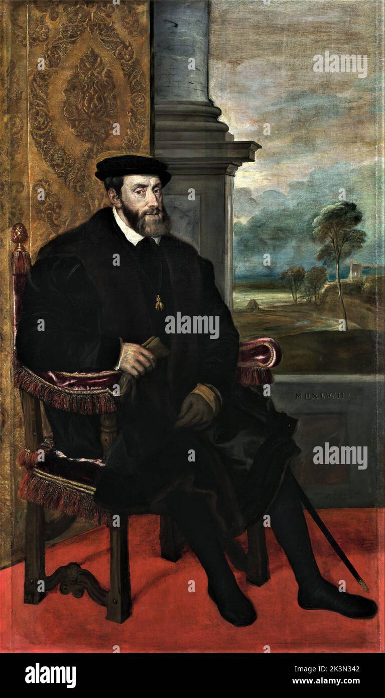 Charles V[b][c] (24 February 1500 – 21 September 1558) was Holy Roman Emperor and Archduke of Austria from 1519 to 1556, King of Spain (Castile and Aragon) from 1516 to 1556, and Lord of the Netherlands as titular Duke of Burgundy from 1506 to 1555.  by titian Stock Photo
