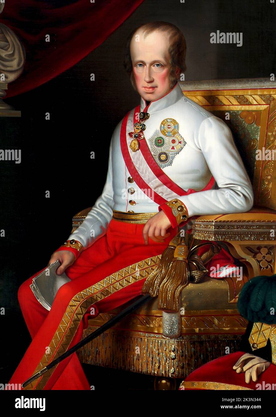 Emperor Ferdinand I of Austria (1793-1875)  Eduard Edlinger  Ferdinand I (German: Ferdinand I. 19 April 1793 – 29 June 1875) was the Emperor of Austria from March 1835 until his abdication in December 1848. He was also King of Hungary, Croatia and Bohemia (as Ferdinand V), King of Lombardy–Venetia and holder of many other lesser titles (see grand title of the Emperor of Austria). Due to his rocky, passive but well-intentioned character, he gained the sobriquet The Benign (German: Der Gütige) or The Benevolent (Czech: Ferdinand Dobrotivý, Polish: Ferdynand Dobrotliwy).[2] Stock Photo