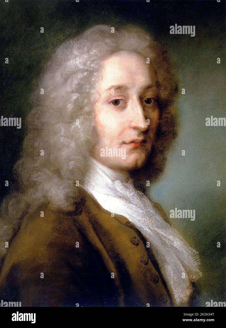 Jean-Antoine Watteau (UK: /ˈwɒtoʊ/, US: /wɒˈtoʊ/,[2][3] French: [ʒɑ̃ ɑ̃twan vato]; baptised October 10, 1684 – died July 18, 1721)[4] was a French painter and draughtsman whose brief career spurred the revival of interest in colour and movement, as seen in the tradition of Correggio and Rubens. He revitalized the waning Baroque style, shifting it to the less severe, more naturalistic, less formally classical, Rococo. Watteau is credited with inventing the genre of fêtes galantes, scenes of bucolic and idyllic charm, suffused with a theatrical air. Some of his best known subjects were drawn fro Stock Photo