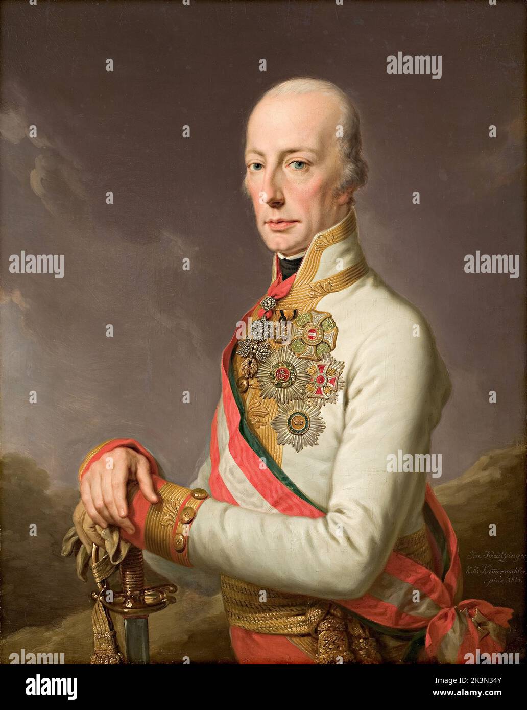 Francis II (1768 – 1835) last Holy Roman Emperor (from 1792 to 1806) and, as Francis I, the first Emperor of Austria, from 1804 to 1835. He assumed the title of Emperor of Austria in response to the coronation of Napoleon as Emperor of the French. Soon after Napoleon created the Confederation of the Rhine, Francis abdicated as Holy Roman Emperor. He was King of Hungary, Croatia and Bohemia. He also served as the first president of the German Confederation following its establishment in 1815. Kaiser Franz I, Painting by Joseph Kreutzinger Stock Photo