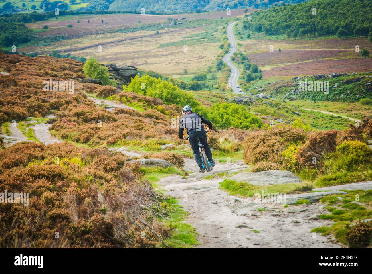 24.09.2022 Burbage, Sheffield, The Peak District is home to superb mountain biking terrain. If daring technical descents, flowing and swoopy singletra Stock Photo
