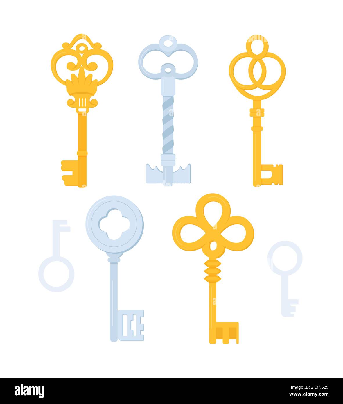 Medieval golden and silver keys - flat design style icons set Stock Vector