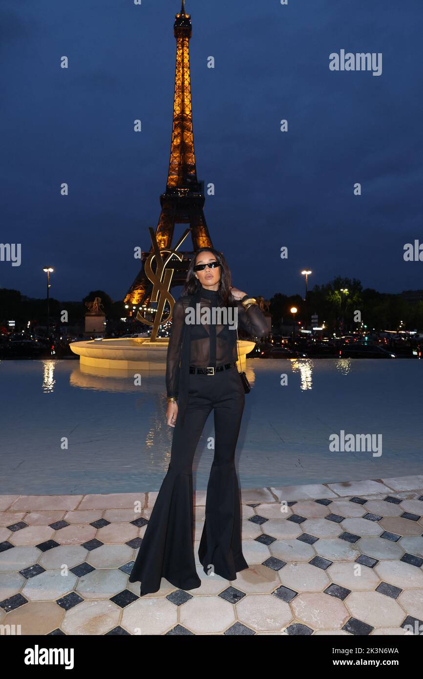 Paris, France, September 27, 2022, Laura Harrier attending the Saint Laurent Womenswear Spring/Summer 2023 show as part of Paris Fashion Week in Paris, France on September 27, 2022. Photo by Jerome Domine/ABACAPRESS.COM Stock Photo