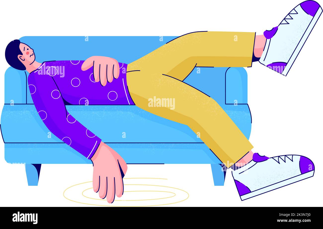 Worried sad man lying on couch. Bored and tired person without motivation in apathy on sofa. Lazy character procrastinating and postponing. Burnout Stock Vector