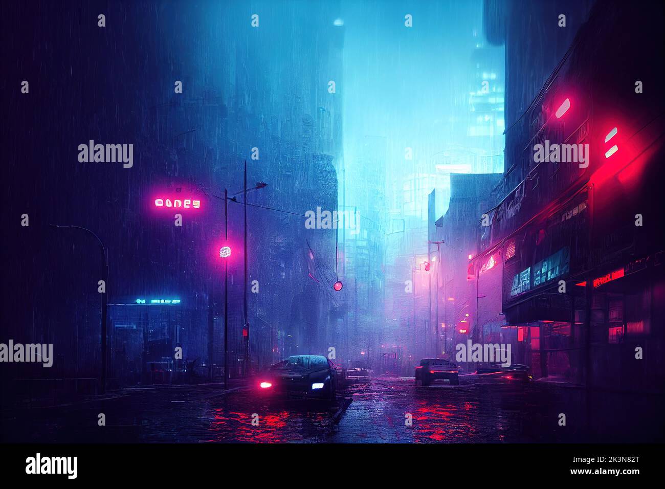 Cyberpunk streets, futuristic city, wallpaper, rain, foggy, dystopia, moody  empty future, art illustration Stock Illustration