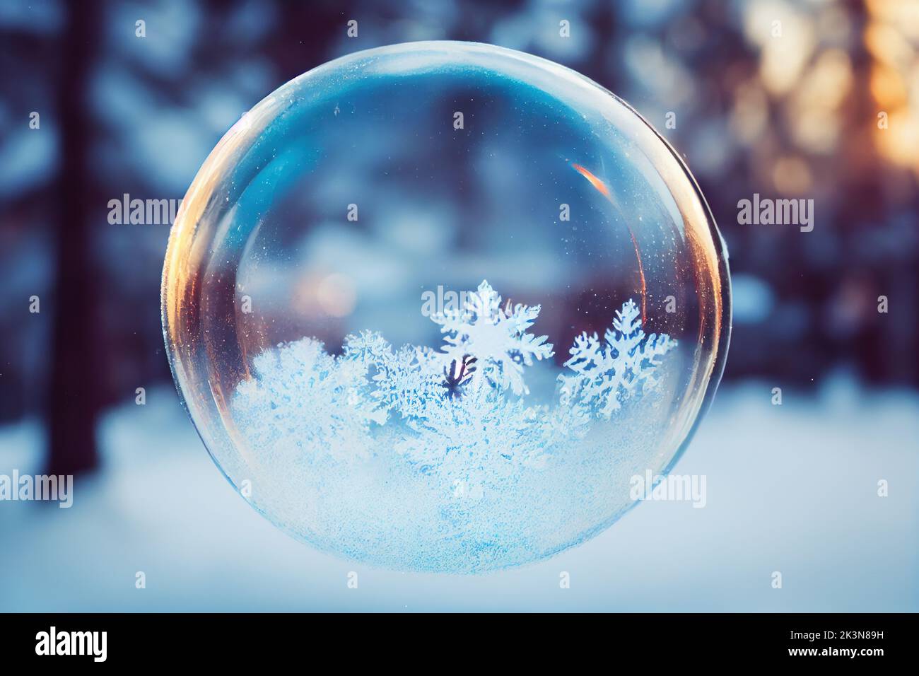 A closeup on a frozen bubble with snowflakes Stock Photo