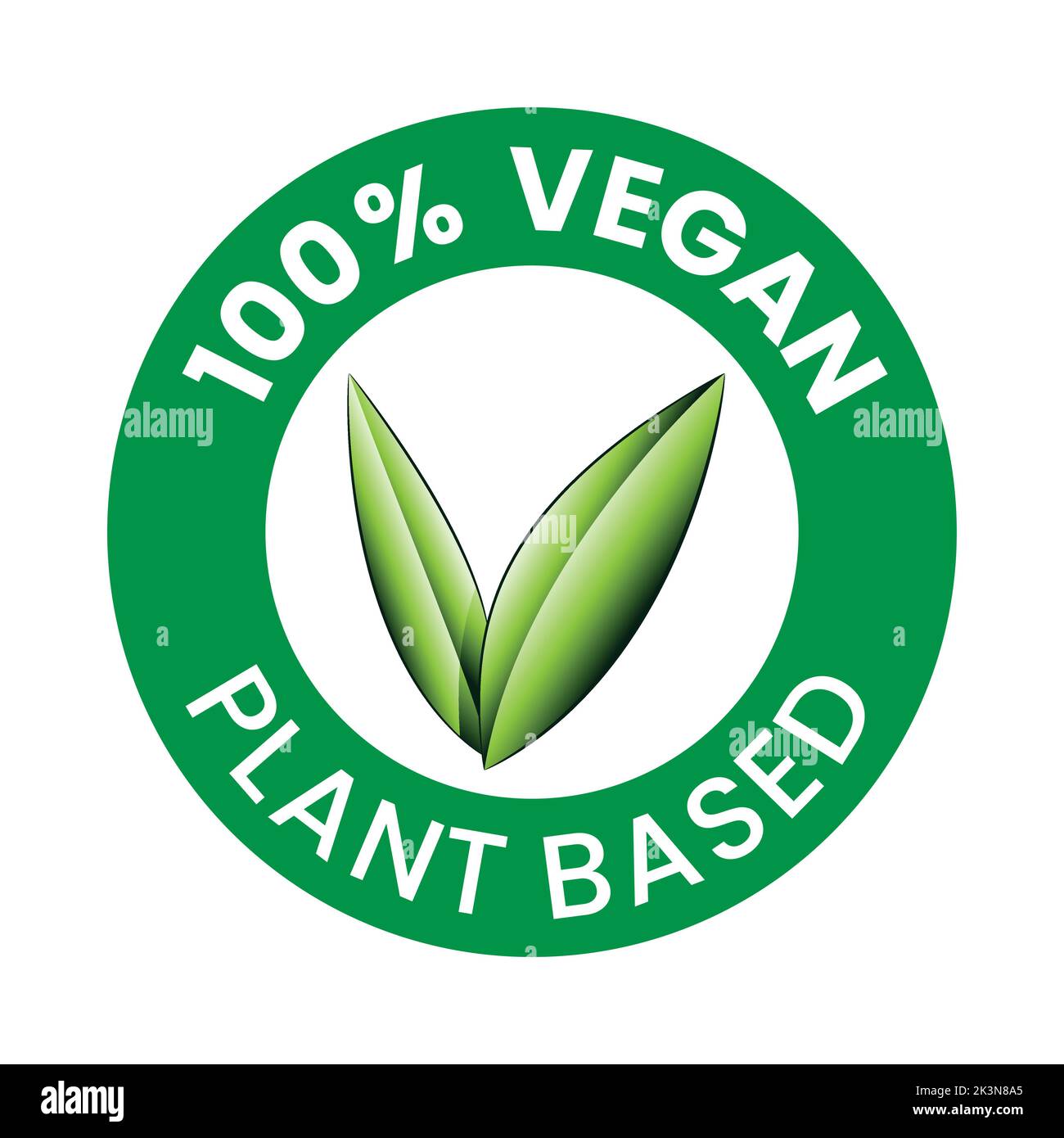 %100 Vegan Plant Based Round Icon with Green Shaded Leaves isolated on ...