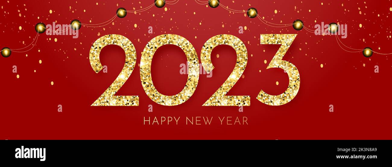 Happy New Year Banner with Gold 2023 Numbers. Holiday illustration isolated on red background Stock Vector