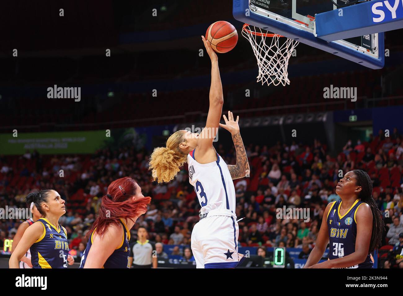 Sydney, Homebush, New South Wales, Australia, 27th September 2022; Women's World Cup Basketball: Shakira Austin of United States of America leaps and makes a one handed shot to the basket. Stock Photo