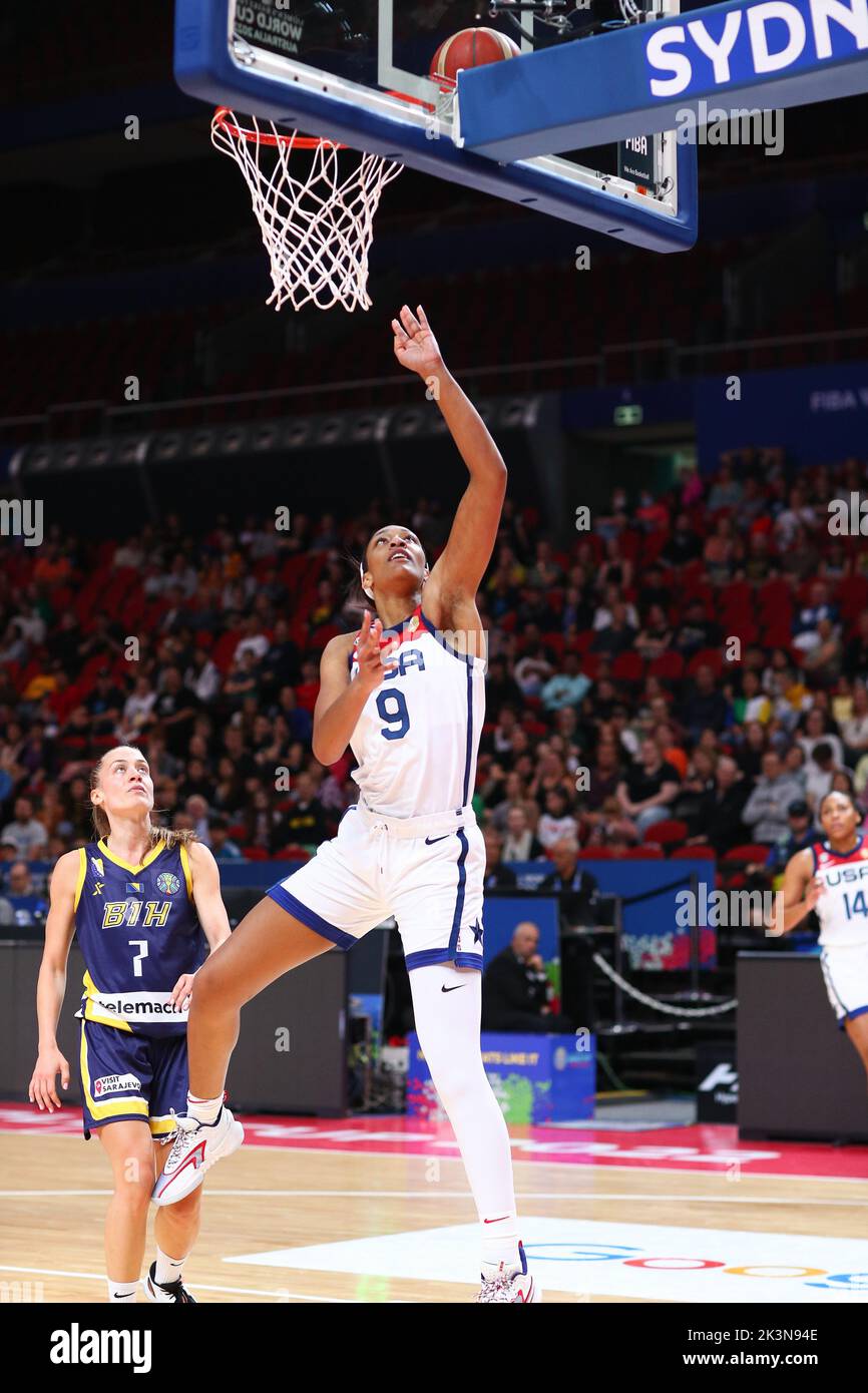 Sydney, Homebush, New South Wales, Australia, 27th September 2022; Women's World Cup Basketball: A'Ja Wilson of United States of America bounces the ball onto the backboard and into the basket Stock Photo