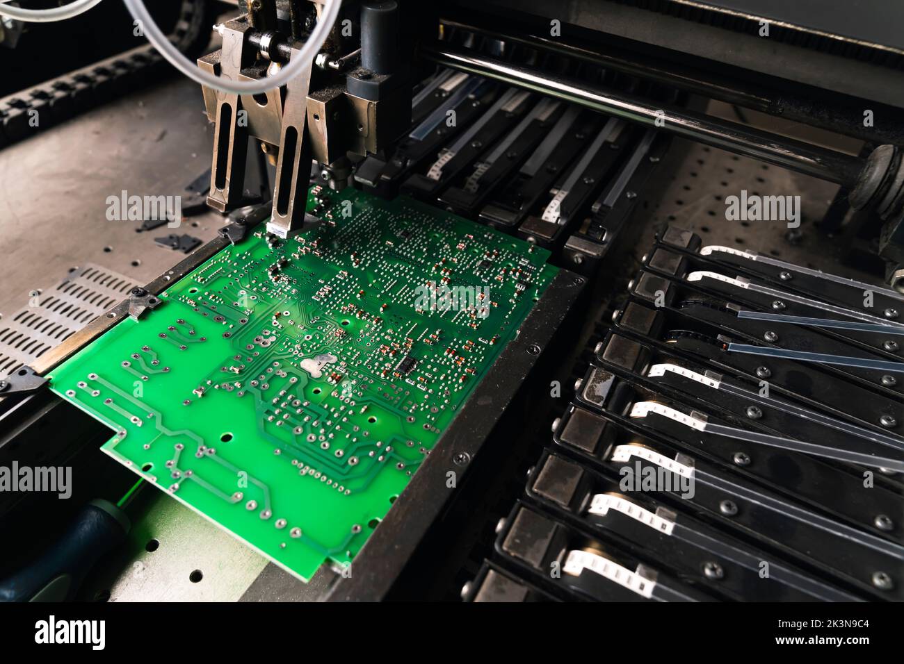 Close up of SFD surface-mount device working on PCB printed circuit board. Assembling. Modern technology. High quality photo Stock Photo