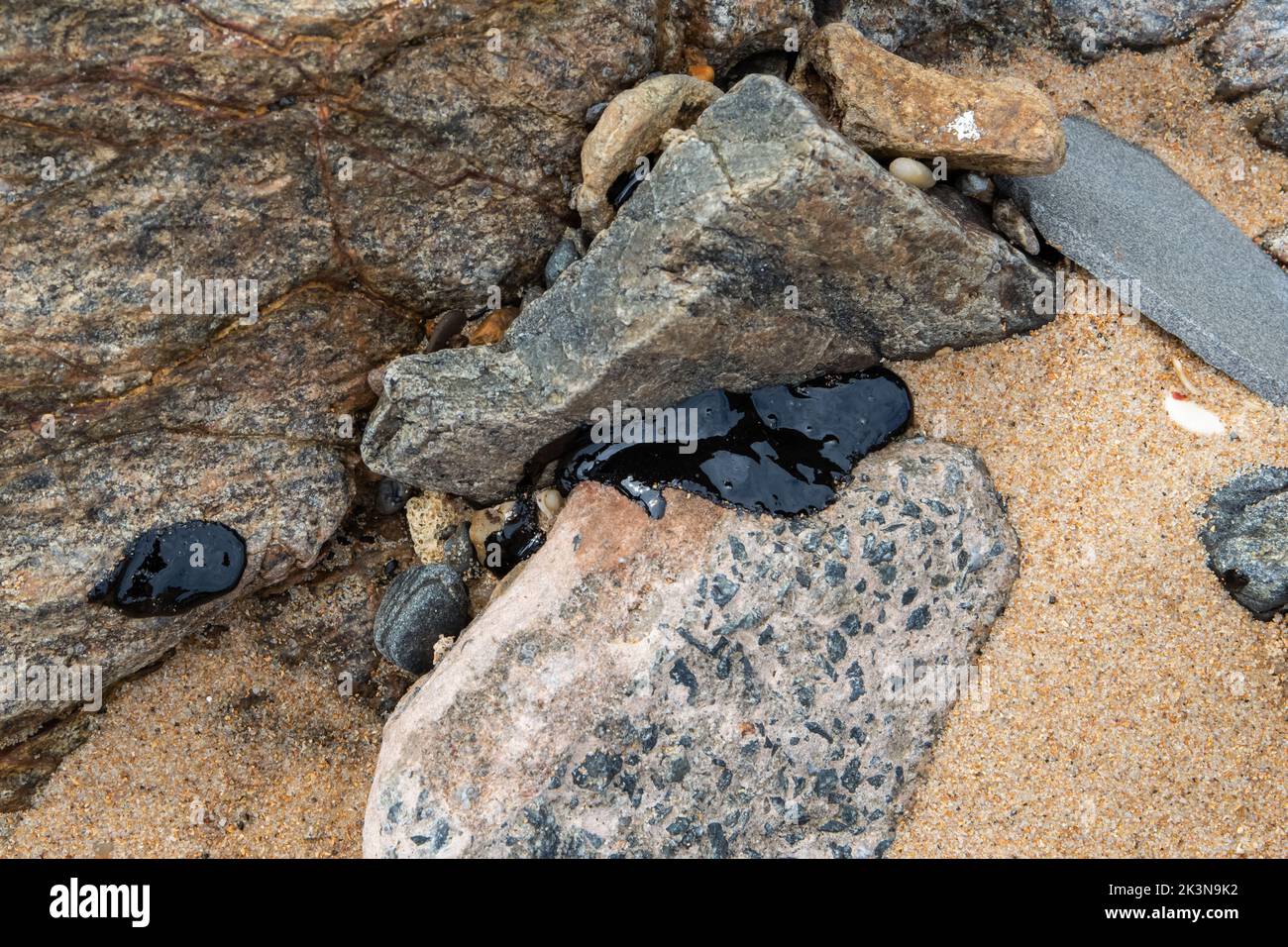 The sea beach and the rocks are polluted with oil. Crude oil spill in northeast Brazil has affected the environment. Rio Vermelho Beach, Salvador, Bra Stock Photo