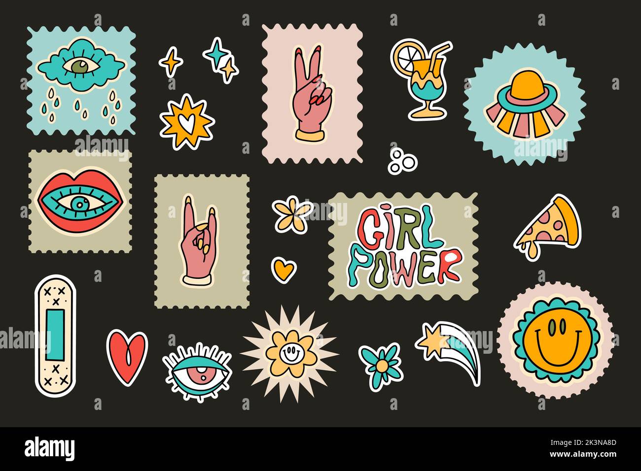 Retro cute cartoon hippy groovy vector sticker set. Hand sign cool ...