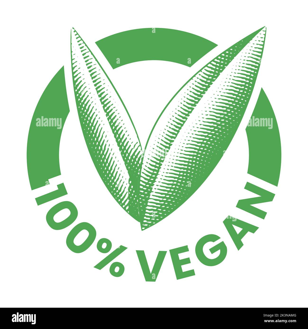 %100 Vegan Round Icon with Engraved Green Leaves isolated on a White ...