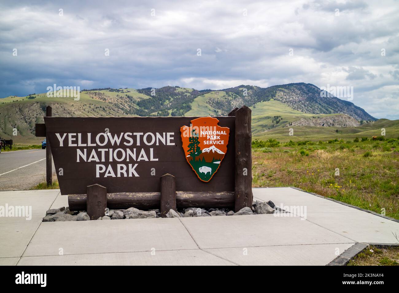 An entrance road going in Yellowstone National Park, Wyoming Stock Photo