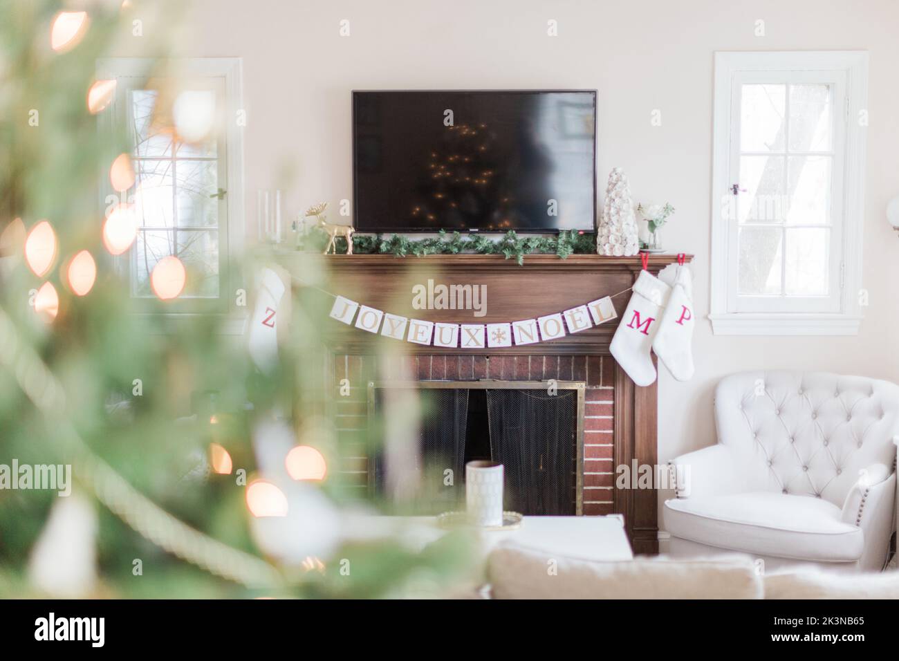 Living room decorated for christmas. Stock Photo