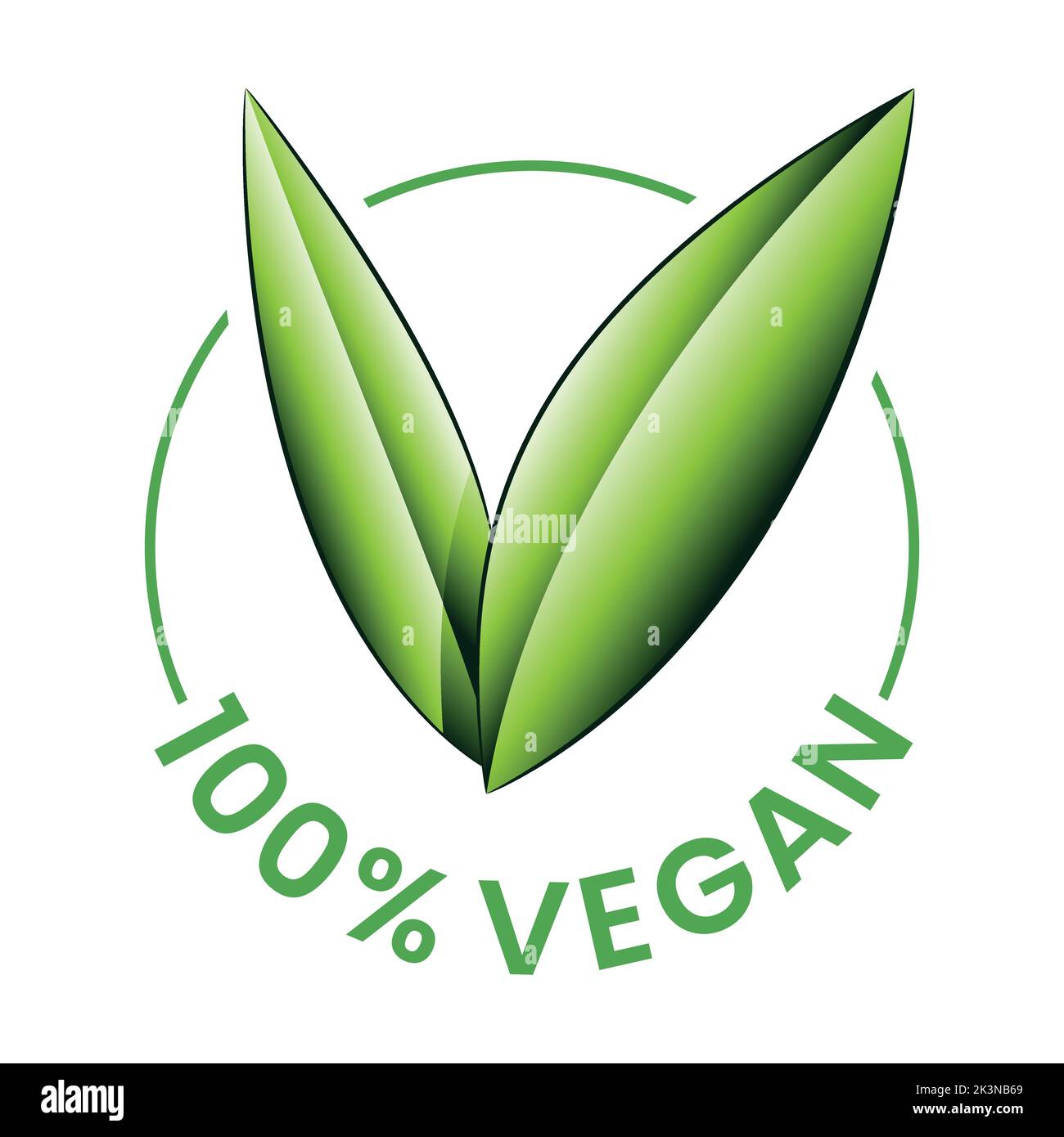 %100 Vegan Round Icon with Shaded Green Leaves isolated on a White ...
