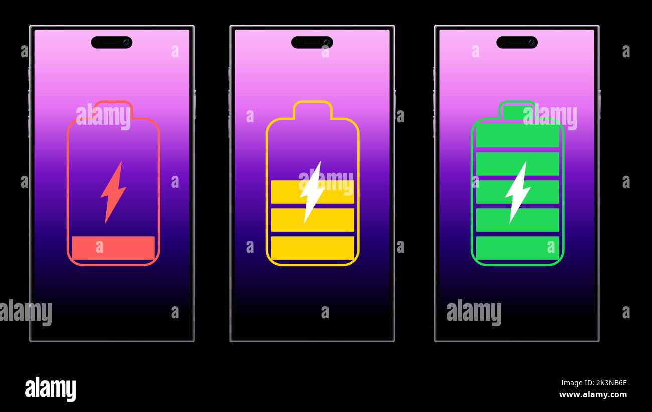 Discharged and fully charged battery smartphone. Set of battery charge