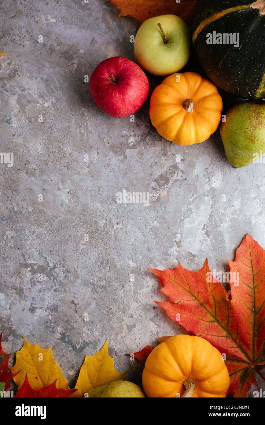 autumn-themed mockup with pumpkins, leaves Stock Photo