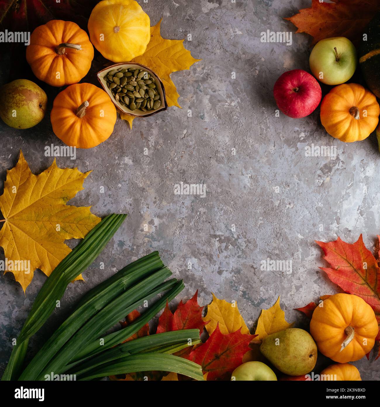 autumn-themed mockup with pumpkins, leaves Stock Photo