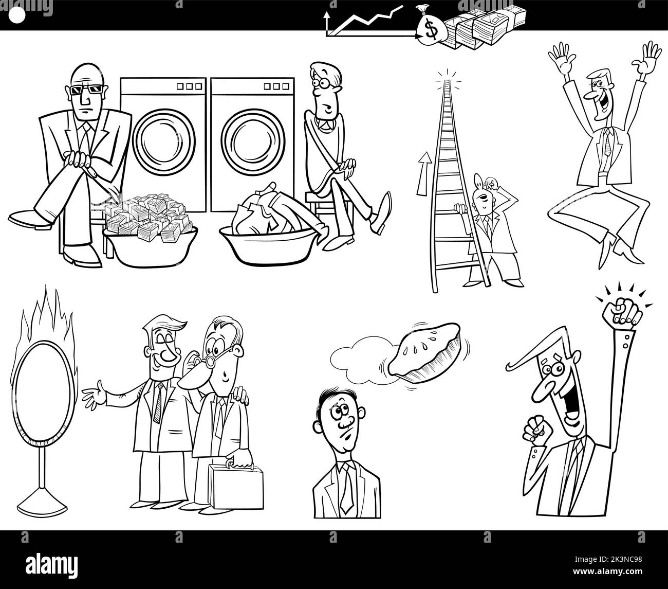 Black and white Cartoon illustration of business concepts with comic people and businessmen characters set Stock Vector