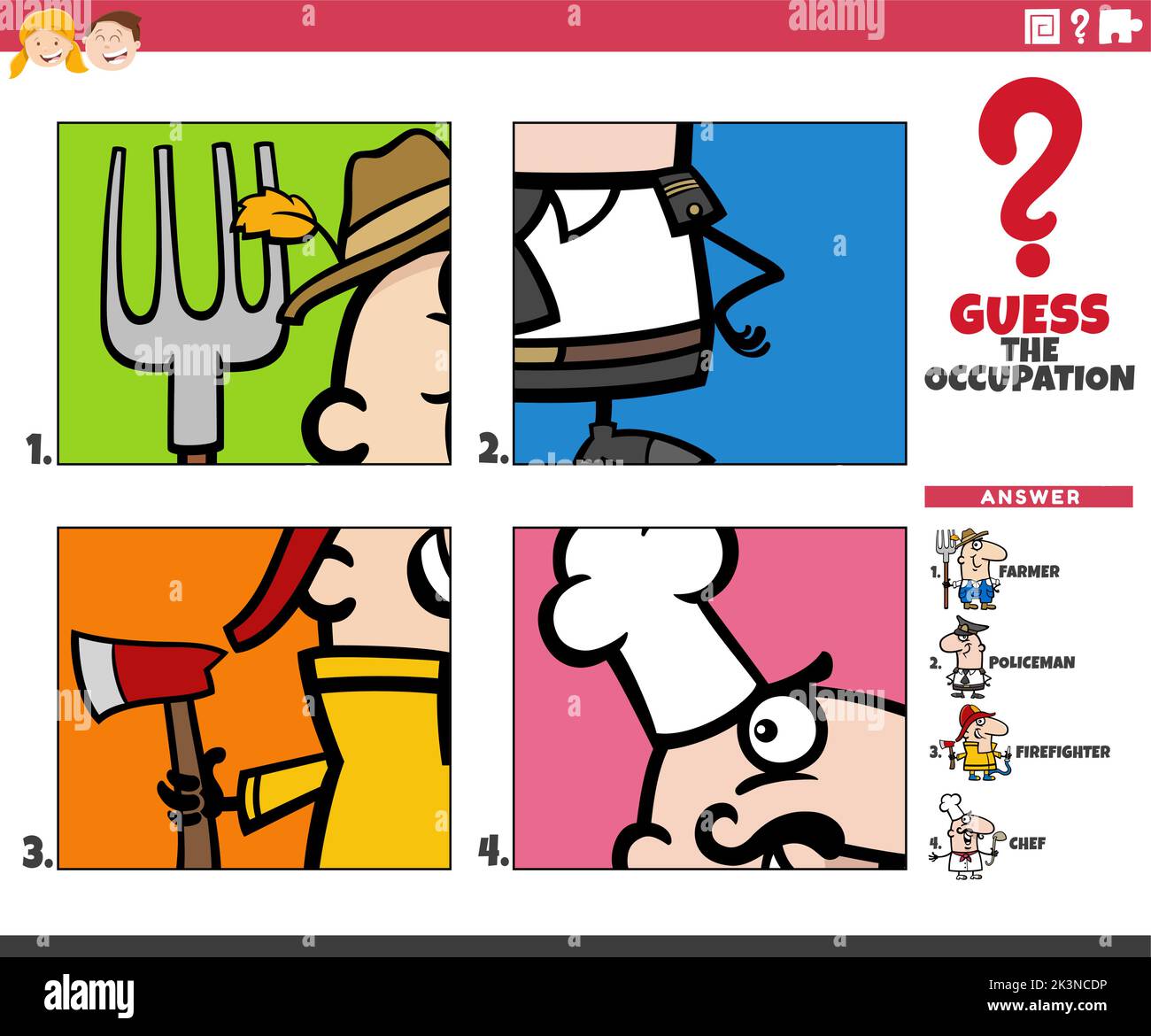 Cartoon illustration of educational game of guessing the occupation activity for children Stock
