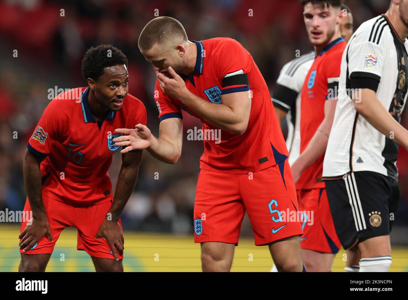 London, UK. 26th Sep, 2022. Eric Dier ofEngland (r) speaks with Raheem Sterling of England (l). England v Germany, UEFA Nations league International group C match at Wembley Stadium in London on Monday 26th September 2022. Editorial use only. pic by Andrew Orchard/Andrew Orchard sports photography/Alamy Live News Credit: Andrew Orchard sports photography/Alamy Live News Stock Photo