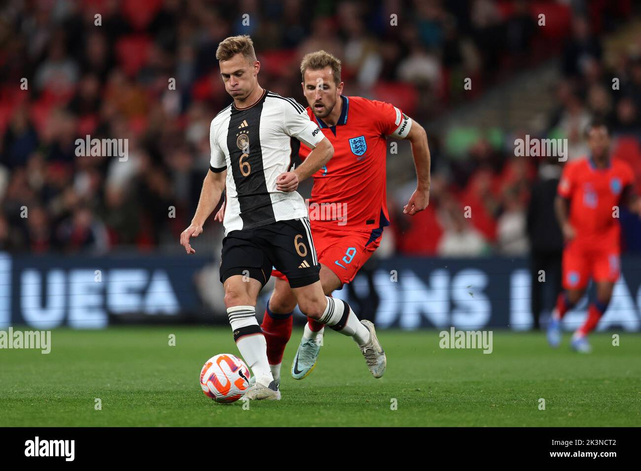 London, UK. 26th Sep, 2022. Joshua Kimmich of Germany (r) & Harry Kane of England (l) in action. England v Germany, UEFA Nations league International group C match at Wembley Stadium in London on Monday 26th September 2022. Editorial use only. pic by Andrew Orchard/Andrew Orchard sports photography/Alamy Live News Credit: Andrew Orchard sports photography/Alamy Live News Stock Photo