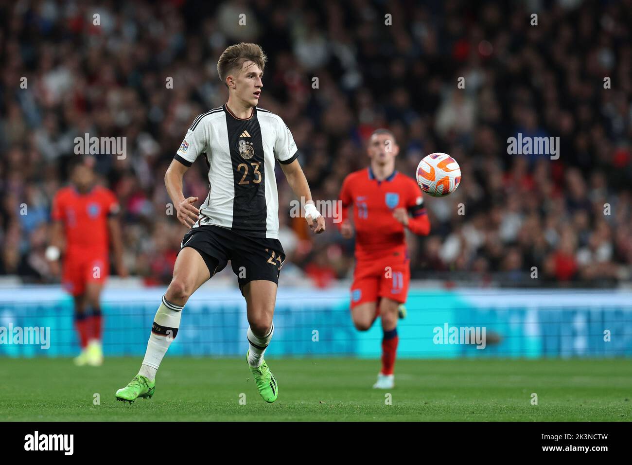 London, UK. 26th Sep, 2022. Nico Schlotterbeck of Germany in action. England v Germany, UEFA Nations league International group C match at Wembley Stadium in London on Monday 26th September 2022. Editorial use only. pic by Andrew Orchard/Andrew Orchard sports photography/Alamy Live News Credit: Andrew Orchard sports photography/Alamy Live News Stock Photo