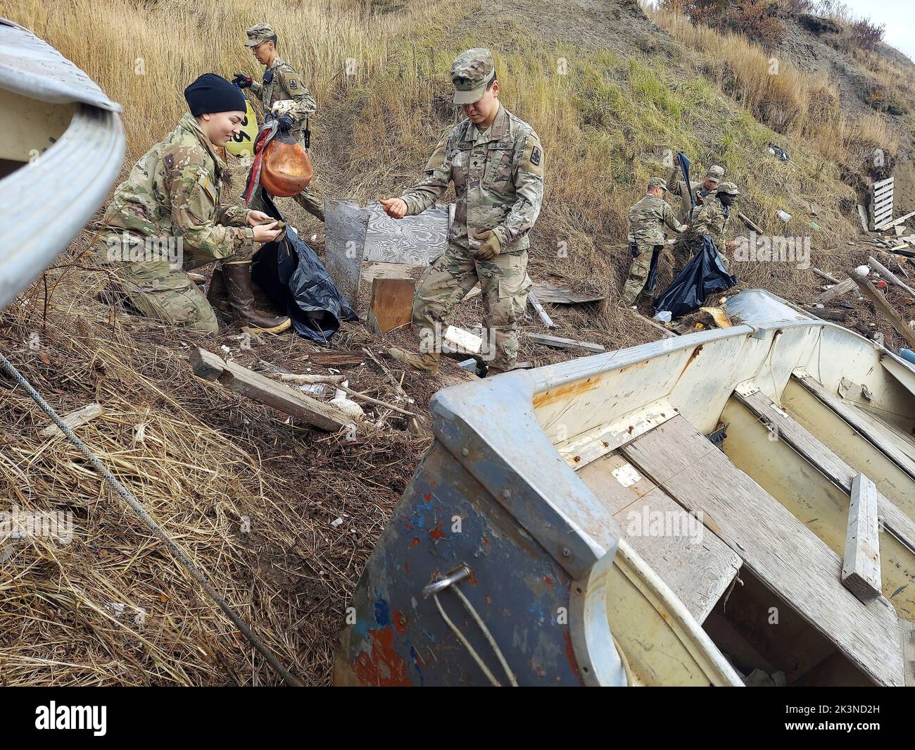 Chevak, United States. 26th Sep, 2022. U.S. soldiers with the Alaska National Guard assist with clean up following the aftermath of Typhoon Merbok, September 26, 2022 in Chevak, Alaska. The remote Native Alaskan coastal villages suffered damage from the remnants of the cyclone that caused flooding across more than 1,000 miles of Alaskan coastline. Credit: SrA Emily Batchelor/US Air Force/Alamy Live News Stock Photo