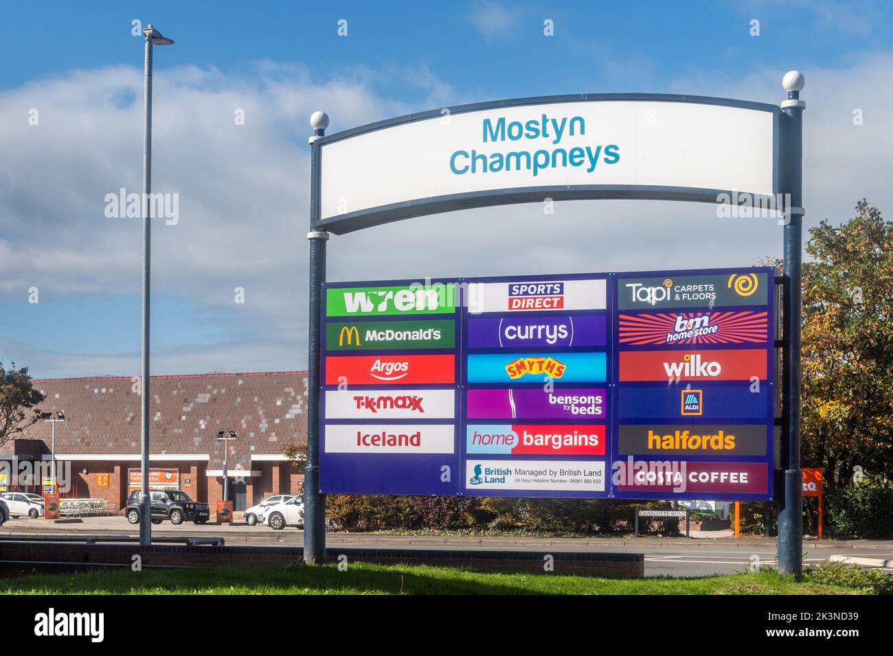 Sign at Mostyn Champneys Retail Park in Llandudno, North Wales, UK. Stock Photo